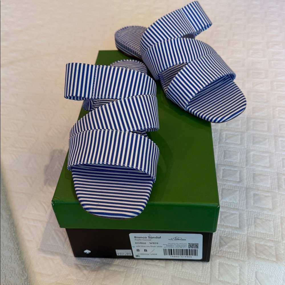 NWT and Box Kate Spade Bianca Sandal Size 8B Blue and White Stripe Sandals/Bows
